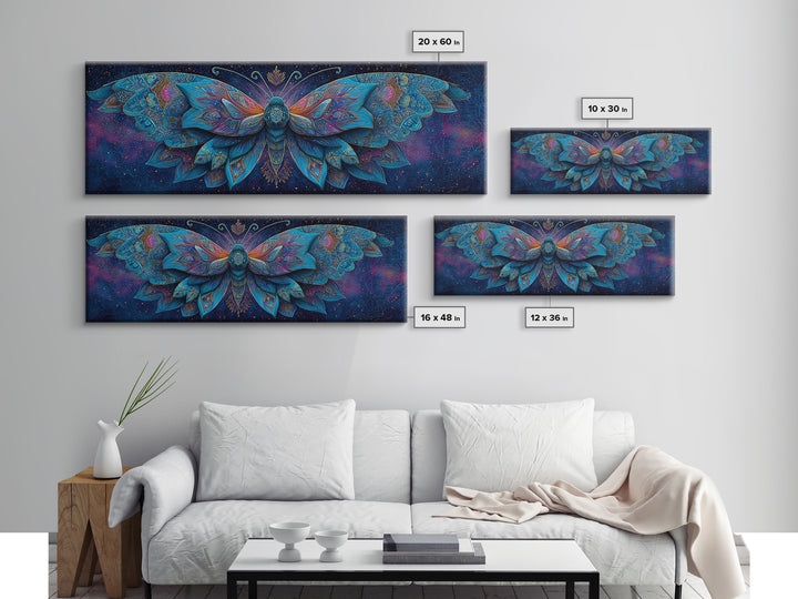 Celestial Blue Moth With Jeweled Wings Framed Canvas Print, Mystical Wall Art For Bedroom Decor And Gift For Her, Boho Celestial Home Decor