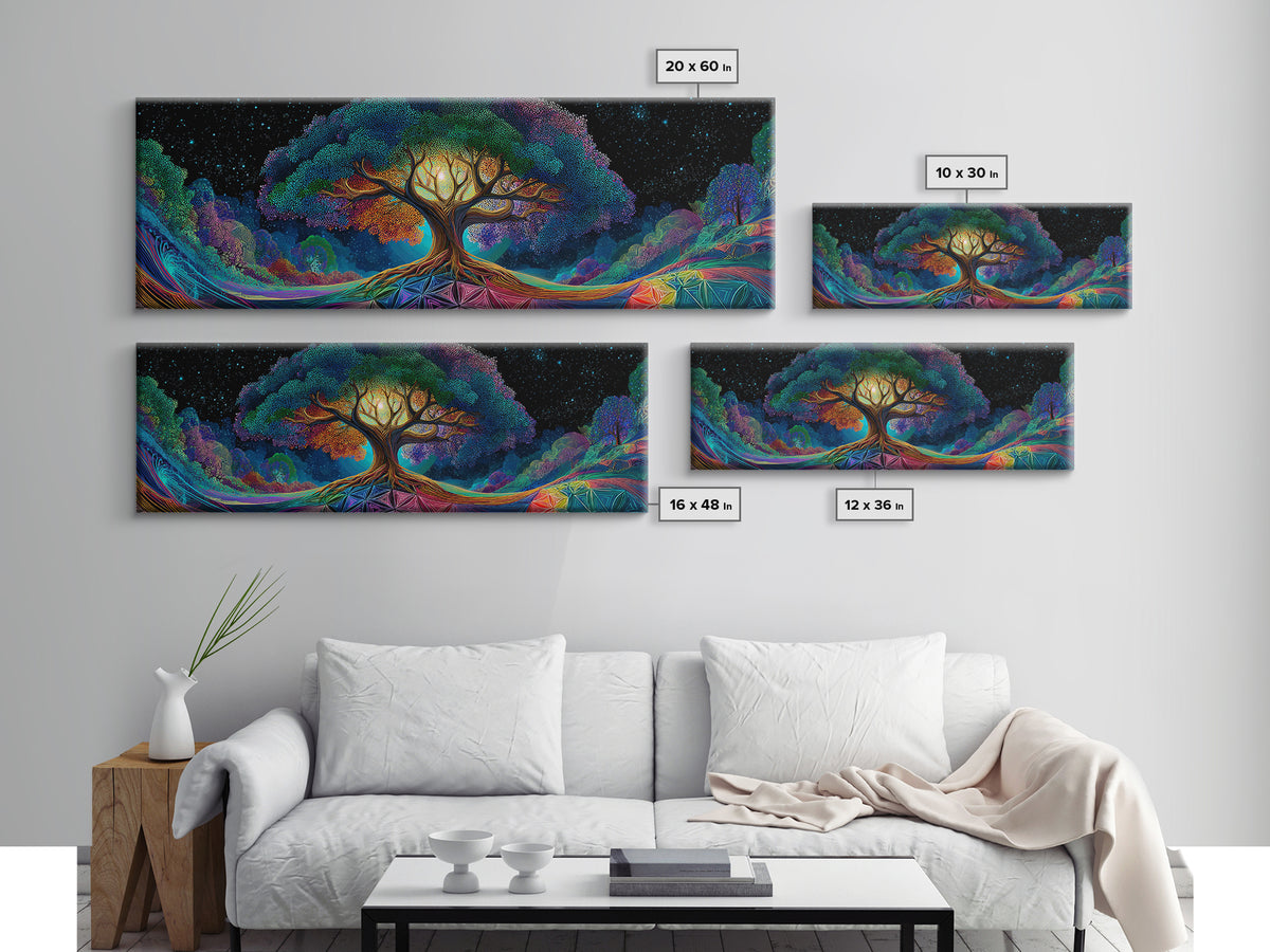 Glowing Tree Of Life Under Starry Sky Framed Canvas Print, Mystical Nature Wall Art For Boho Home Decor And Bedroom Decor