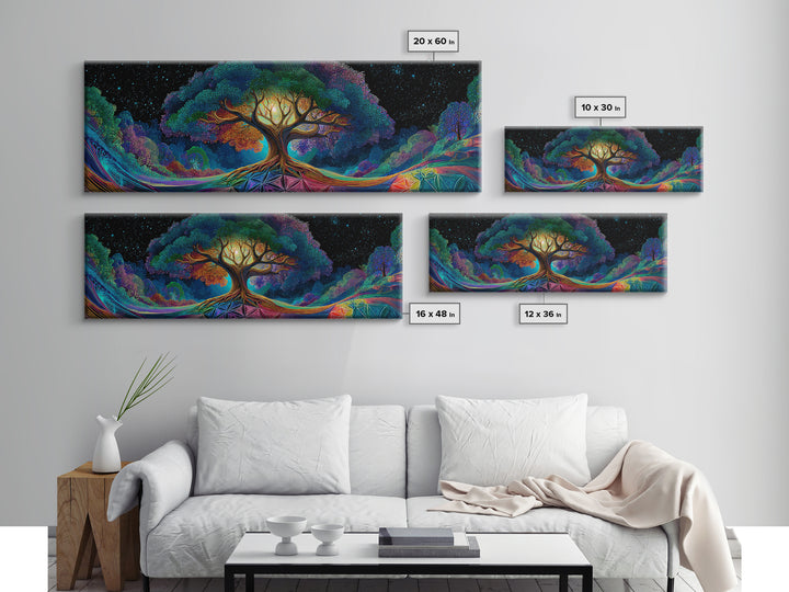 Glowing Tree Of Life Under Starry Sky Framed Canvas Print, Mystical Nature Wall Art For Boho Home Decor And Bedroom Decor