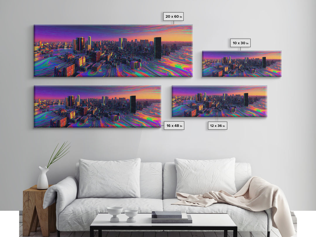 Neon Cyberpunk City Canvas Print, Futuristic Skyline Wall Art, Glitch Urban Decor, Modern Gaming Room Panoramic Wall Art Print