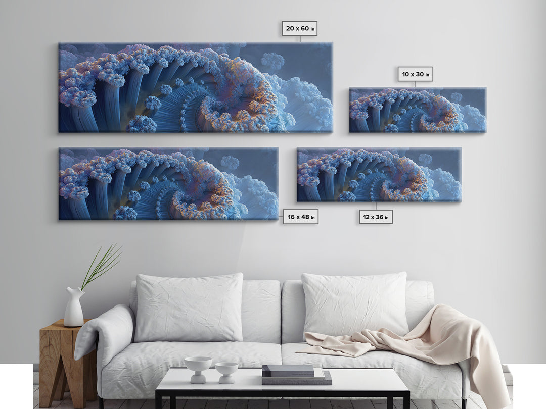 Blue Fractal Ocean Wave And Frozen Spiral Canvas Print, Abstract Seascape Wall Art For Modern Coastal Living Room Home Decor
