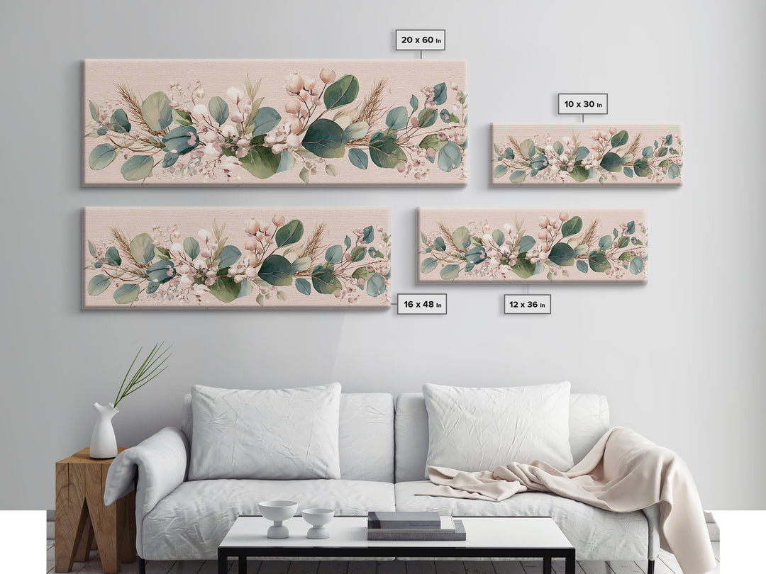 Eucalyptus Cotton Floral Garland Framed Canvas Print, Sage Green Wall Art, Boho Nursery Decor, Farmhouse Home Gift For Her
