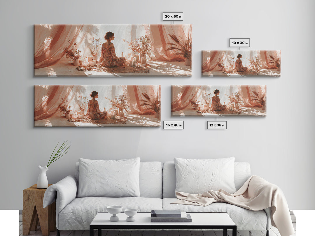 Boho Woman Candle Meditation Wall Art, Blush Drapery Sanctuary, Feminine Bedroom Decor, Spiritual Canvas, Gift For Her Print