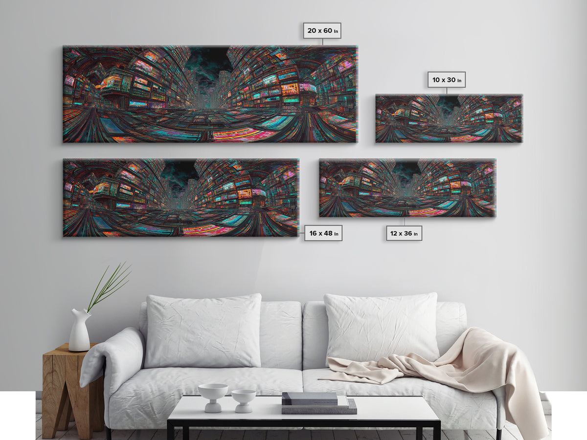 Neon Cyberpunk City With Glitch Streets Framed Canvas Print, Futuristic Wall Art For Gaming Room Decor And Office Decor, Gift For Him