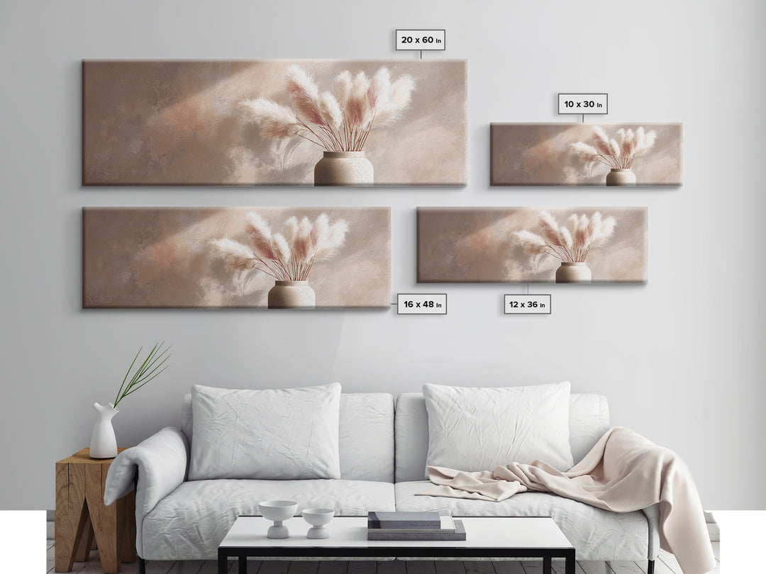 Neutral Pampas Grass Vase Framed Canvas Print, Beige Minimalist Wall Art, Japandi Home Decor, Modern Living Room Decor Print