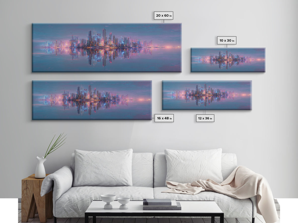 Neon Futuristic Skyline Reflection Wall Art, Panoramic Canvas Print, Cyberpunk Cityscape, Modern Living Room Decor, Large Horizontal Art