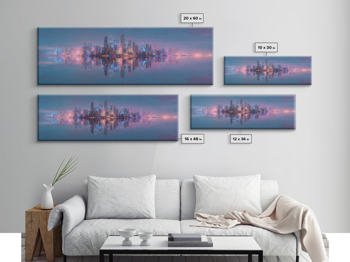 Neon Futuristic Skyline Reflection Wall Art, Panoramic Canvas Print, Cyberpunk Cityscape, Modern Living Room Decor, Large Horizontal Art