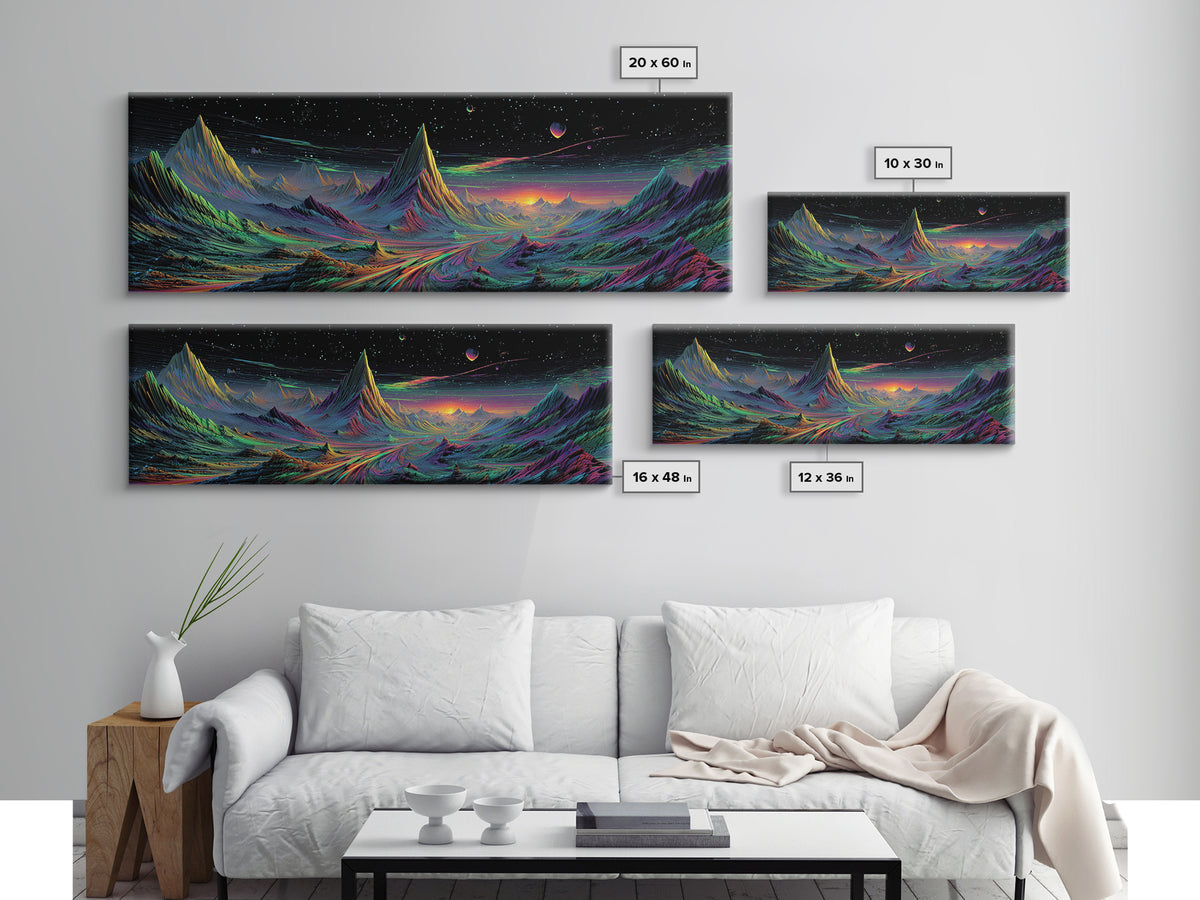 Alien Mountain Road Under Stars Wall Art, Psychedelic Space Landscape, Sci Fi Decor, Panoramic Canvas, Vaporwave Gamer Room Print