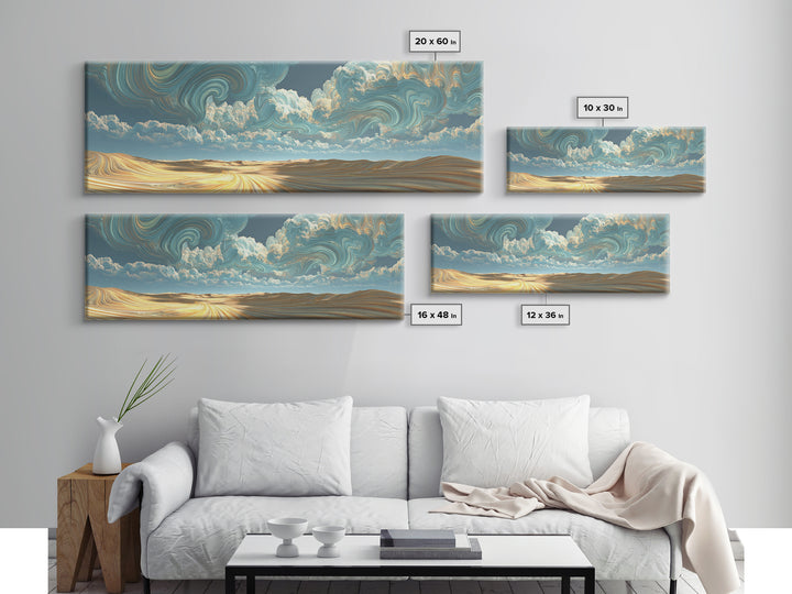 Surreal Golden Desert Under Swirling Clouds Canvas Print, Panoramic Landscape Wall Art For Modern Living Room Decor, Housewarming Gift
