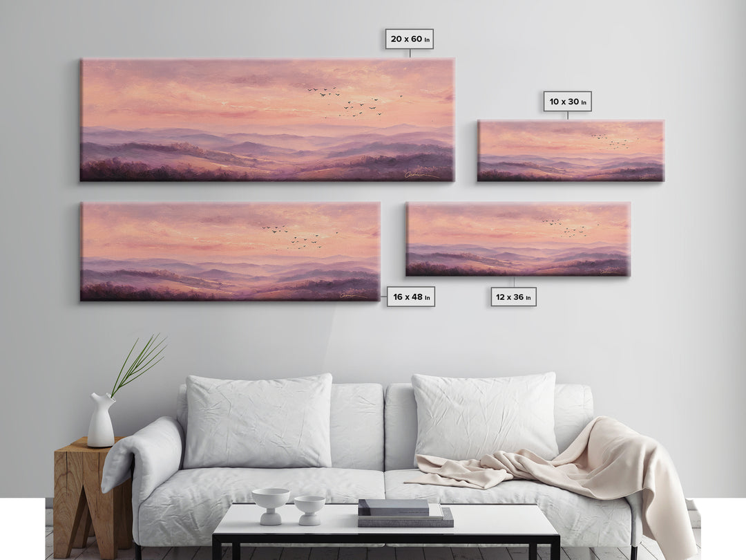 Misty Pink Mountain Landscape Wall Art, Romantic Sunrise Canvas Print, Large Horizontal Living Room Decor, Nature Gift Print
