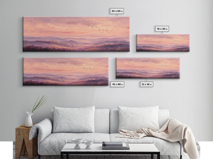 Misty Pink Mountain Landscape Wall Art, Romantic Sunrise Canvas Print, Large Horizontal Living Room Decor, Nature Gift Print