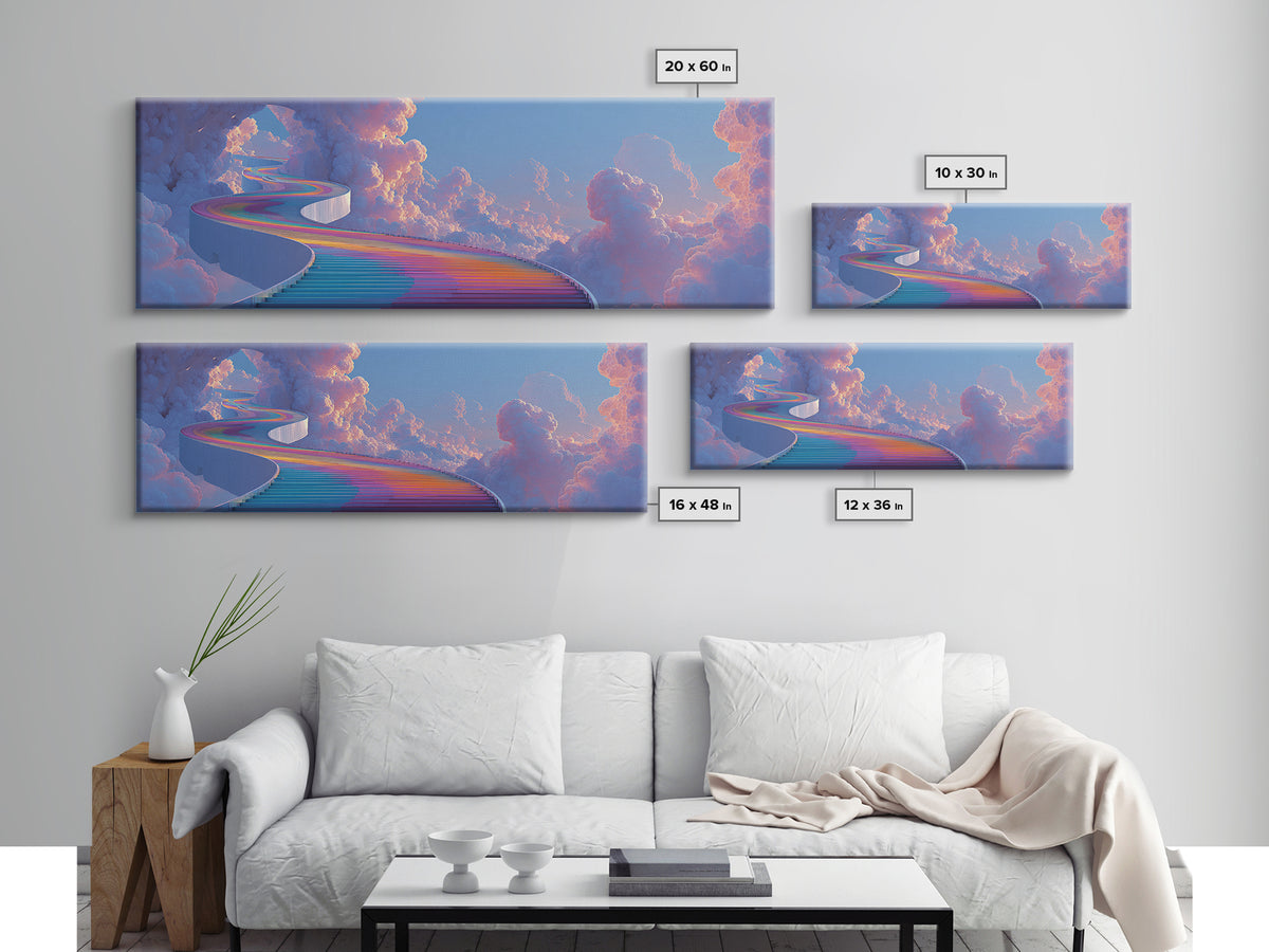 Rainbow Stairway Through Clouds Wall Art, Dreamy Celestial Fantasy Print, Pastel Whimsical Decor, Framed Canvas Print For Nursery