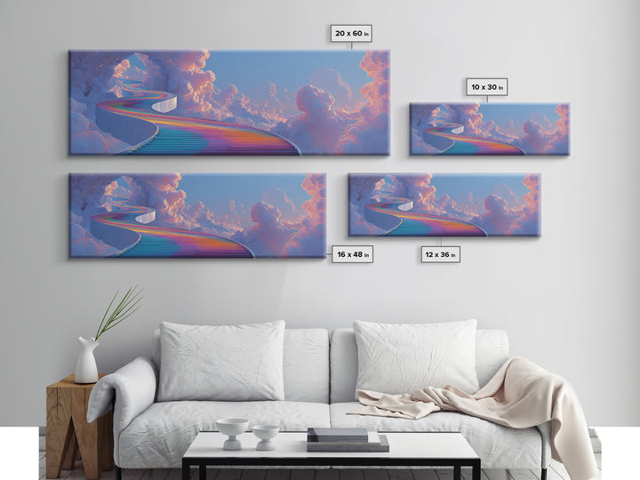 Rainbow Stairway Through Clouds Wall Art, Dreamy Celestial Fantasy Print, Pastel Whimsical Decor, Framed Canvas Print For Nursery