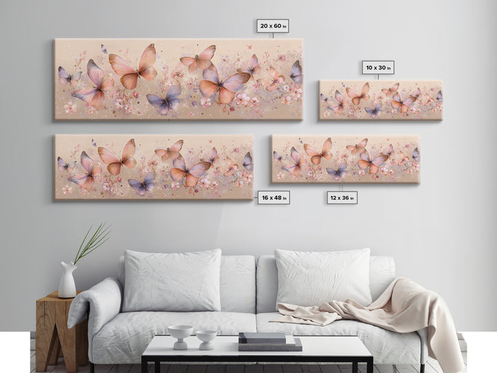 Pastel Butterfly Garden Wall Art, Soft Floral Canvas Print, Feminine Nursery Decor, Spring Bedroom Art, Gift For Her Print