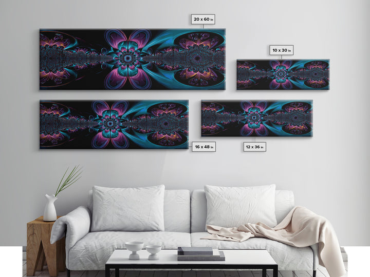 Neon Fractal Flower Mandala Wall Art, Symmetrical Psychedelic Canvas, Teal And Purple Abstract Decor, Meditation Room Print