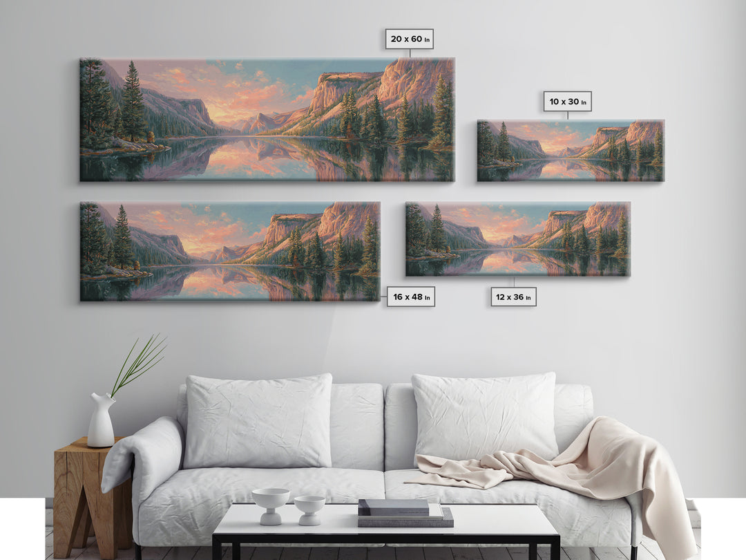 Serene Mountain Lake Sunset Wall Art, Panoramic Landscape Canvas Print, Rustic Nature Decor For Living Room And Cabin Home Decor