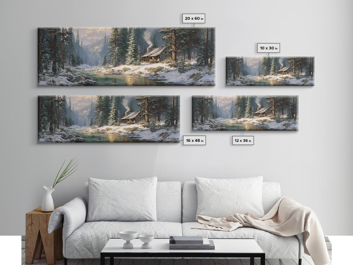Snowy Cabin River Framed Canvas Print, Winter Forest Landscape Wall Art, Rustic Home Decor, Lake House Gift For Living Room Decor