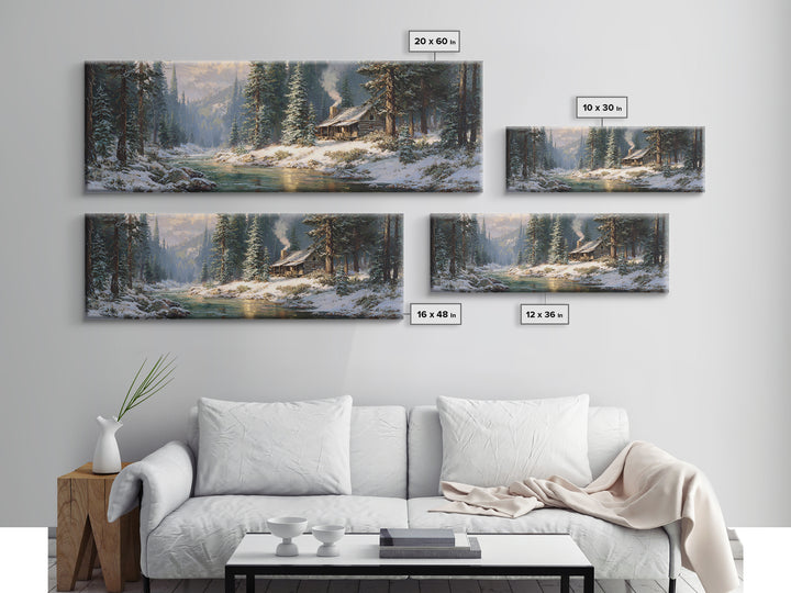 Snowy Cabin River Framed Canvas Print, Winter Forest Landscape Wall Art, Rustic Home Decor, Lake House Gift For Living Room Decor