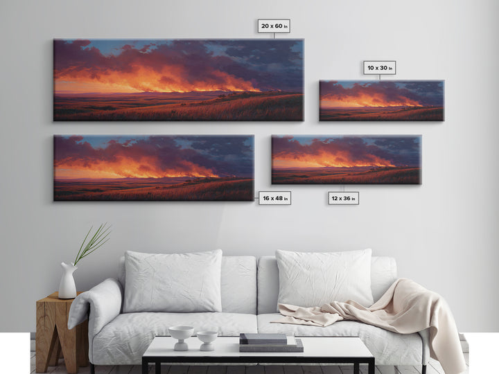 Wildfire Prairie Sunset Wall Art, Dramatic Grassland Landscape, Moody Rustic Decor, Western Canvas Print, Large Horizontal Art