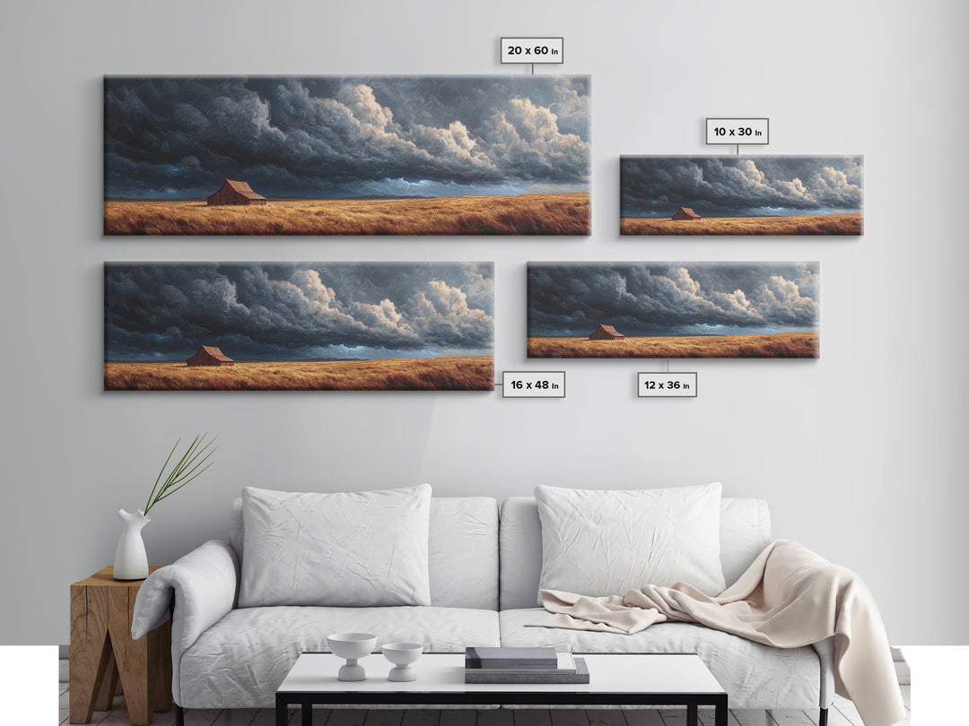 Stormy Prairie Barn Wall Art, Rustic Farmhouse Landscape Painting, Moody Country Decor, Large Horizontal Framed Canvas Print
