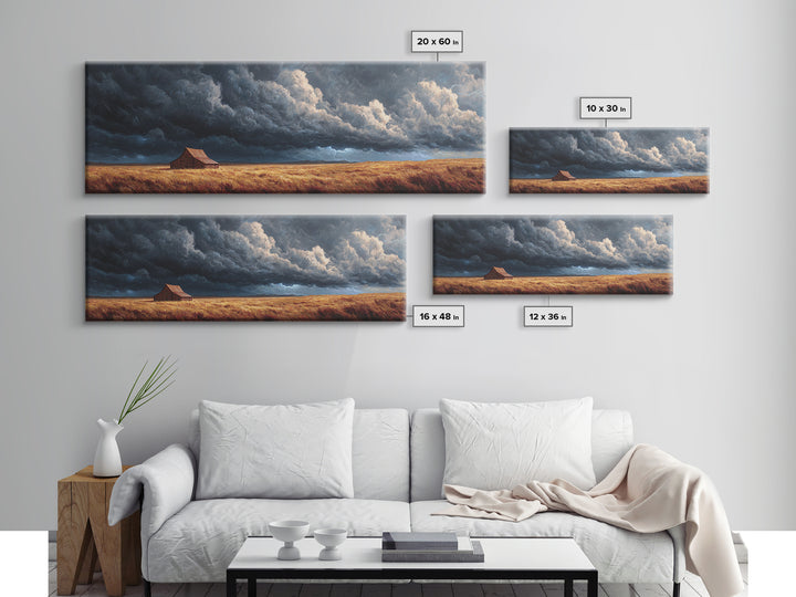 Stormy Prairie Barn Wall Art, Rustic Farmhouse Landscape Painting, Moody Country Decor, Large Horizontal Framed Canvas Print