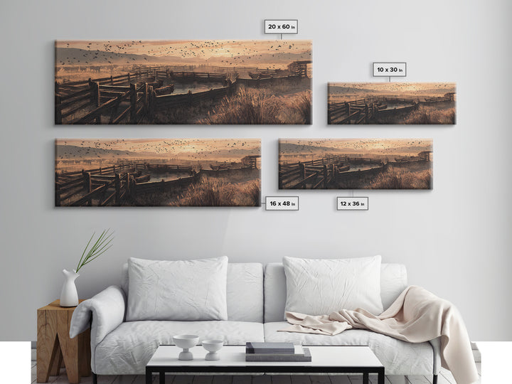 Sepia Ranch Corral Sunset Framed Canvas Print, Western Wall Art, Rustic Farmhouse Decor, Cowboy Landscape, Housewarming Gift