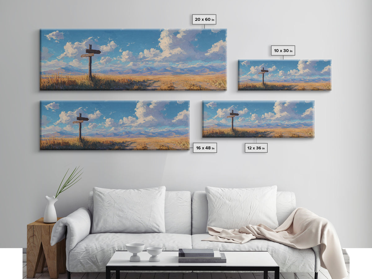 Sunlit Prairie Signpost And Mountain Meadow Wall Art, Rustic Country Landscape Canvas Print, Farmhouse Decor, Open Range Gift