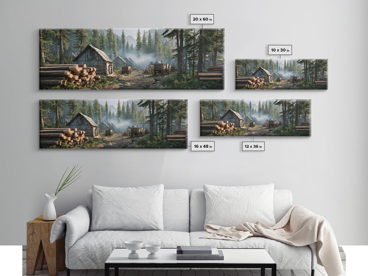 Rustic Logging Camp In Pine Forest Canvas Print, Large Cabin Wall Art, Woodland Landscape, Farmhouse Decor, Nature Lover Gift