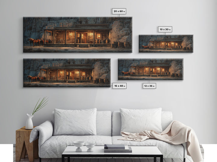 Rustic Western Saloon With Horses Framed Canvas Print, Cowboy Wall Art, Canyon Cabin Decor, Man Cave Rustic Wall Art Decor