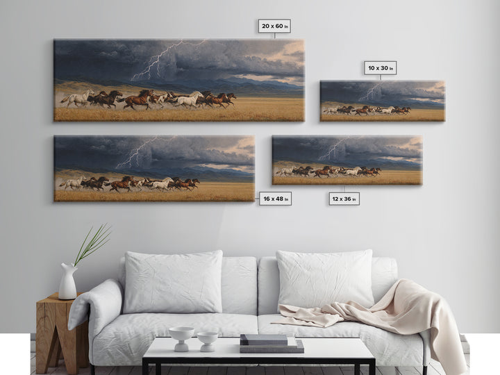 Wild Horses In Storm Wall Art, Western Landscape Canvas Print, Lightning Prairie Decor, Rustic Ranch Gift For Horse Lover