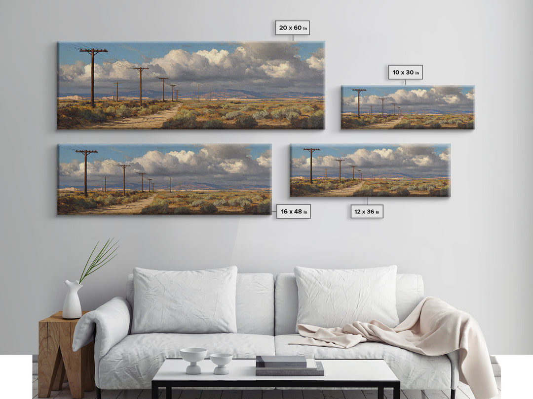 Desert Telephone Poles And Storm Clouds Wall Art, Western Landscape Canvas, Rustic Southwest Decor, Panoramic Print For Living Room