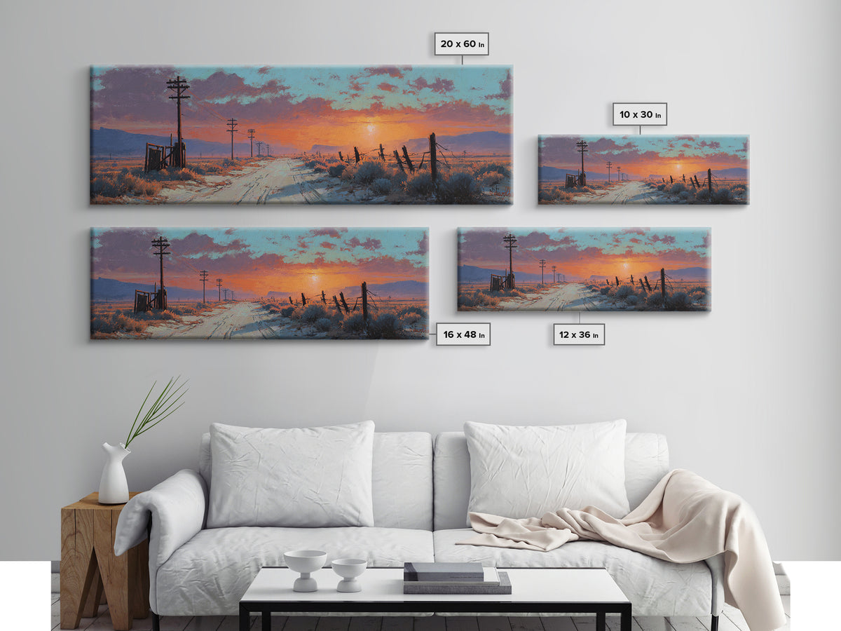 Snowy Country Road Sunset Wall Art, Rustic Winter Landscape Canvas, Farmhouse Decor, Wide Horizontal Print, Cozy Gift For Her
