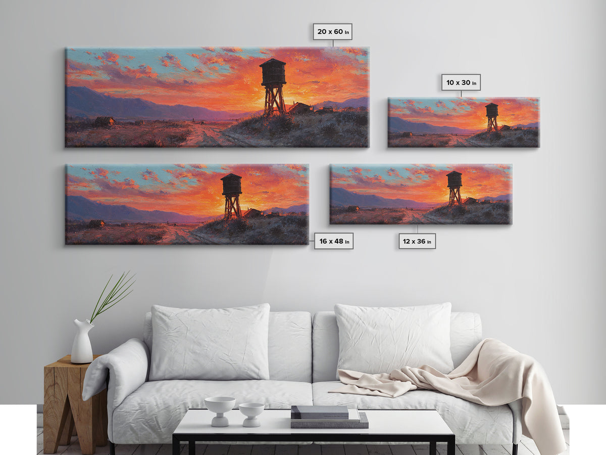 Sunset Water Tower Wall Art, Rustic Western Landscape Canvas Print, Farmhouse Country Decor, Warm Above Sofa Living Room Art Gift