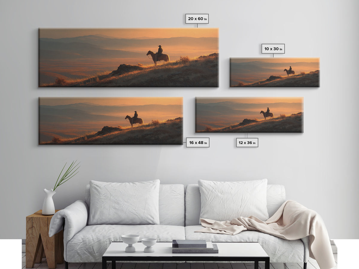 Cowboy Sunset Mountain Landscape Wall Art, Western Horse Rider Canvas Print, Rustic Ranch Decor, Masculine Office Art Gift