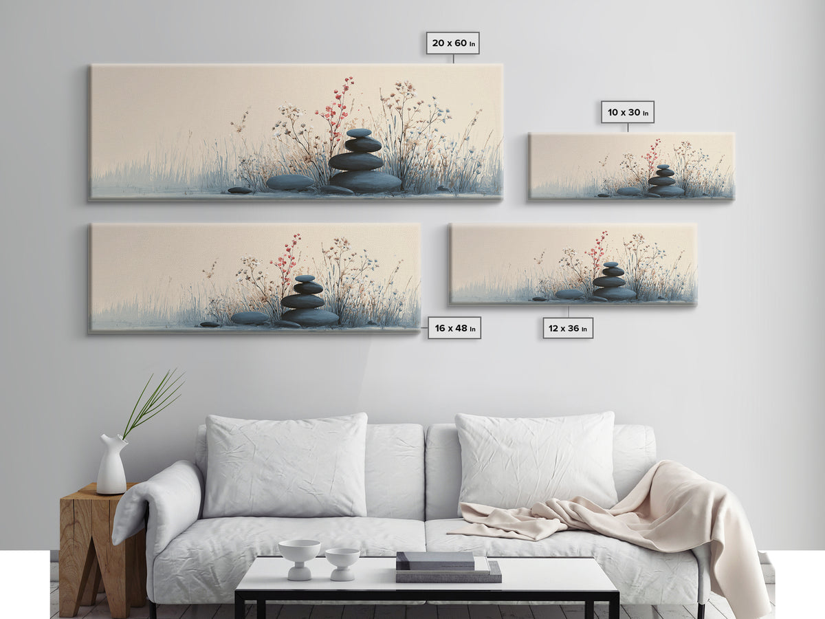 Zen Stacked Stones Wall Art, Minimalist Floral Canvas Print, Calming Spa Decor, Meditation Room Art, Neutral Home Decor Print