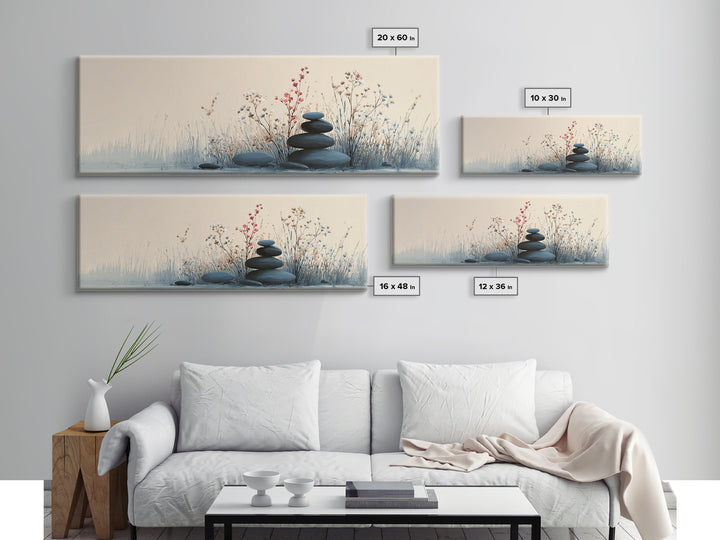 Zen Stacked Stones Wall Art, Minimalist Floral Canvas Print, Calming Spa Decor, Meditation Room Art, Neutral Home Decor Print