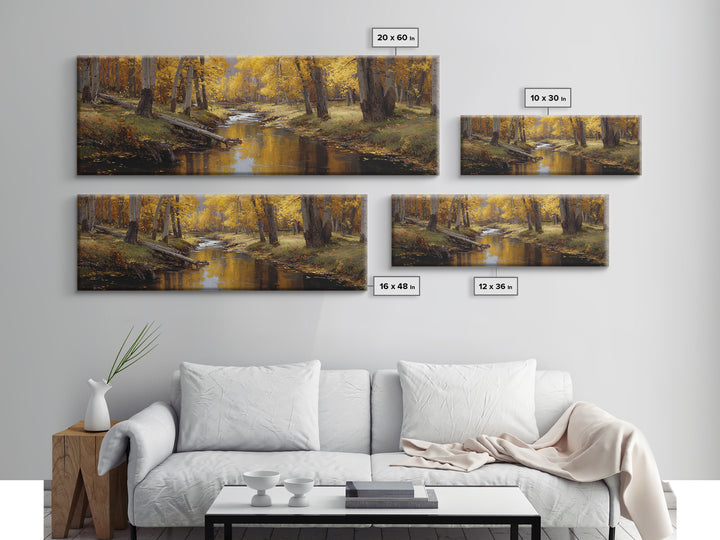 Golden Autumn Forest Creek Wall Art, Impressionist Aspen Landscape Canvas, Warm Nature Print, Rustic Living Room Decor, Cozy Home Decor