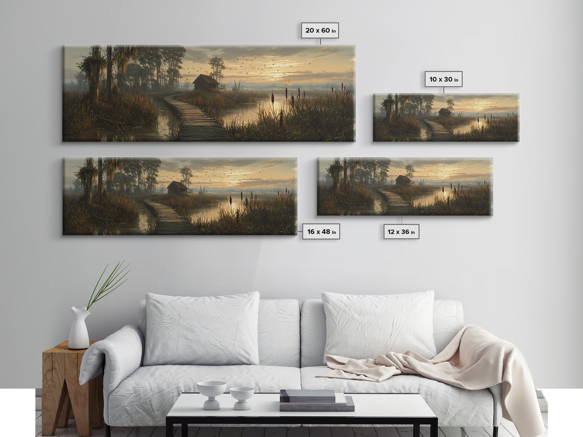Misty Marsh Boardwalk Cabin Sunrise Birds Wall Art, Serene Wetlands Landscape Canvas Print, Rustic Nature Decor, Lake House Gift