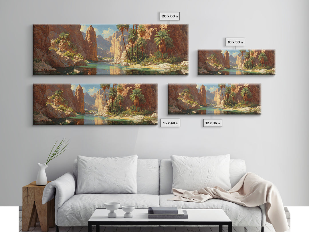 Desert Canyon Oasis Framed Canvas Print, Palm River Landscape Wall Art, Southwestern Decor, Large Panoramic Nature Print