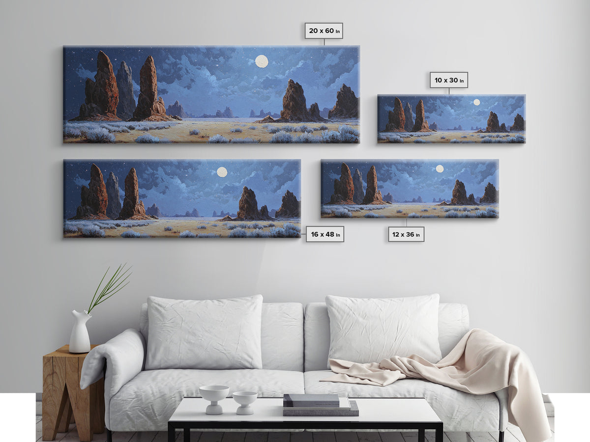 Moonlit Desert Rock Spires Canvas Print, Surreal Landscape Wall Art, Night Sky Decor, Southwestern Art, Moody Bedroom Wall Art