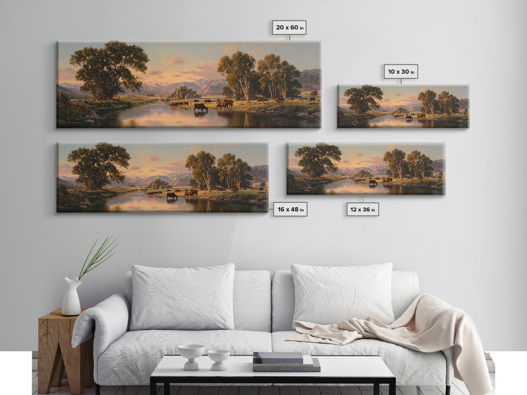 Pastoral River Cattle Valley Wall Art, Mountain Ranch Landscape Canvas, Western Farmhouse Print, Rustic Home Decor, Large Living Room Decor