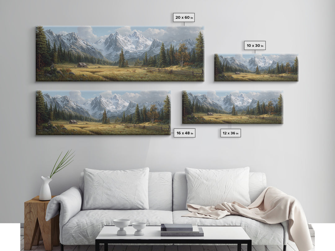 Alpine Meadow Cabin And Snowy Mountains Framed Canvas Print, Landscape Wall Art, Rustic Farmhouse Living Room Decor Gift