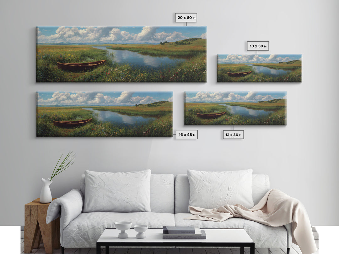 Peaceful Meadow River Boat Wall Art, Panoramic Landscape Canvas Print, Lake House Decor, Nature Wall Decor, Above Sofa Art