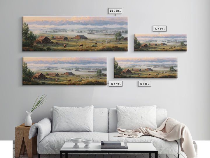 Misty Mountain Ranch Wall Art, Rustic Farmhouse Landscape With Cattle, Country Home Decor, Large Living Room Canvas Print