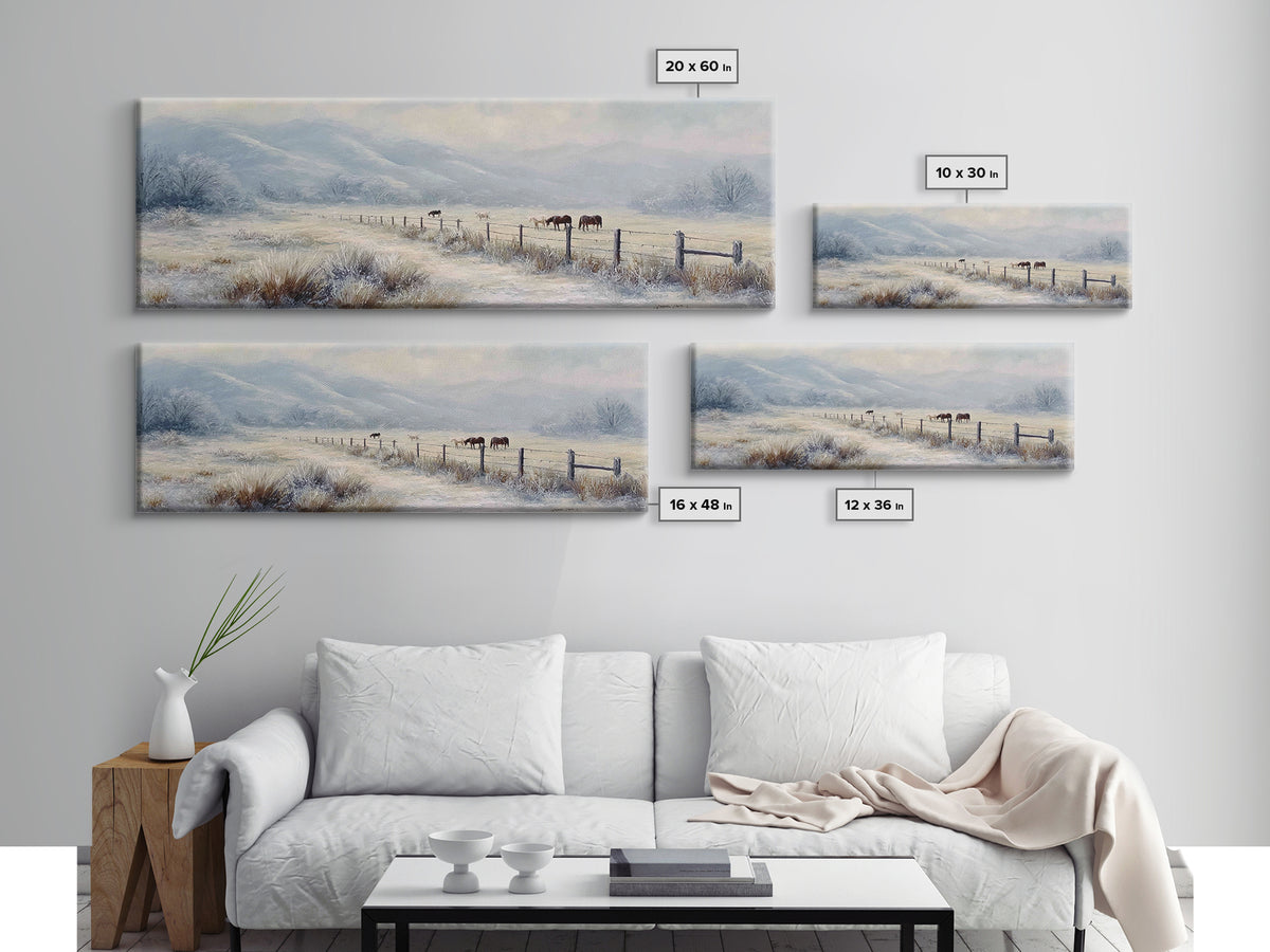 Snowy Pasture Horses Wall Art, Winter Ranch Landscape Canvas Print, Rustic Farmhouse Decor, Country Living Room Gift For Her