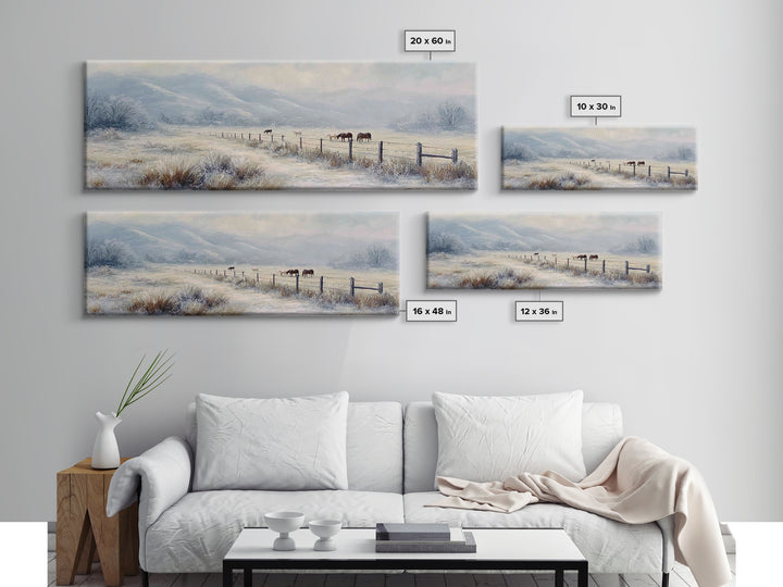 Snowy Pasture Horses Wall Art, Winter Ranch Landscape Canvas Print, Rustic Farmhouse Decor, Country Living Room Gift For Her