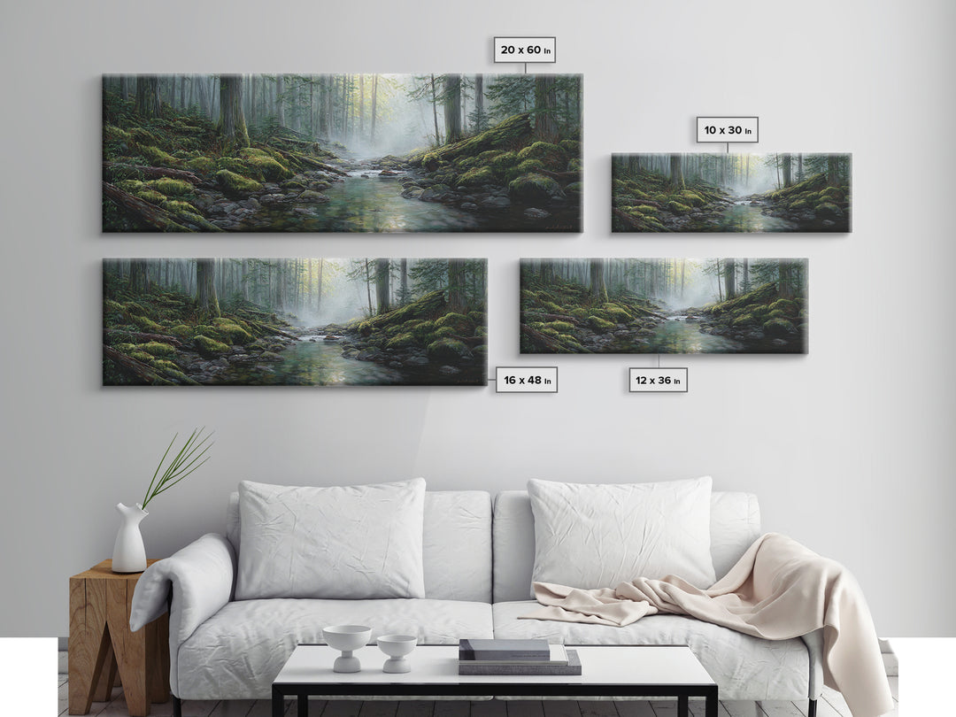 Misty Forest Stream Landscape Wall Art, Mossy Woodland Canvas Print, Nature Decor, Cabin Wall Decor, Calming Office Art Print