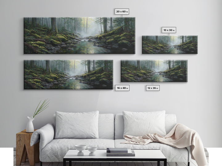 Misty Forest Stream Landscape Wall Art, Mossy Woodland Canvas Print, Nature Decor, Cabin Wall Decor, Calming Office Art Print