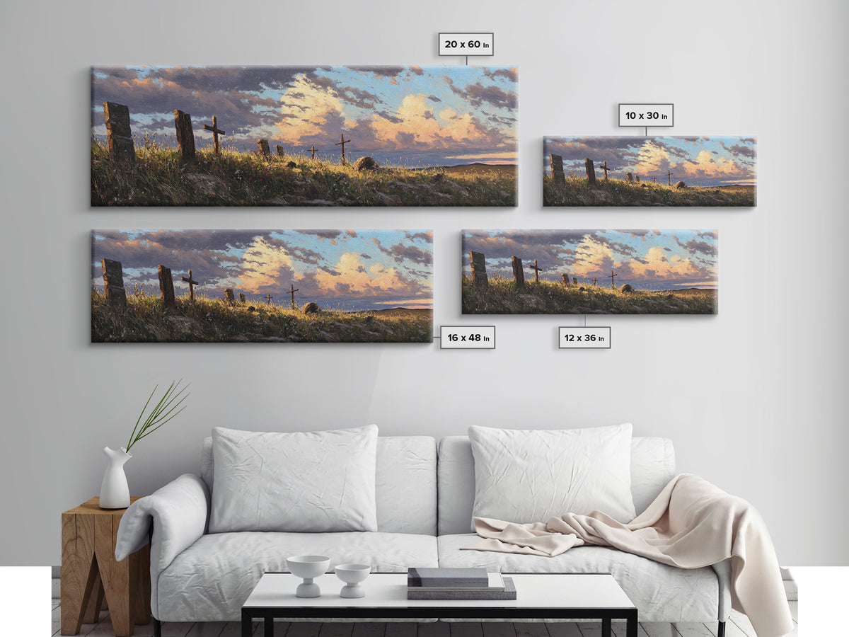 Prairie Hill Crosses Wall Art, Rustic Christian Landscape At Sunset, Spiritual Farmhouse Living Room Decor, Large Canvas Print