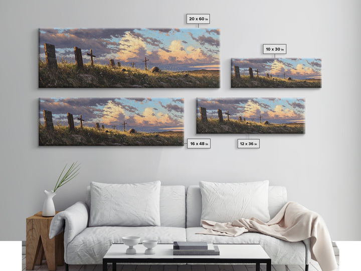 Prairie Hill Crosses Wall Art, Rustic Christian Landscape At Sunset, Spiritual Farmhouse Living Room Decor, Large Canvas Print